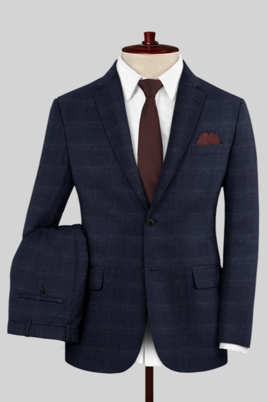Modern Dark Blue Plaid Notched Lapel Newest Business Suits