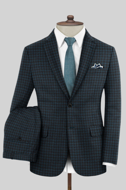 Stylish Blue Houndstooth Notched Lapel Business Suits