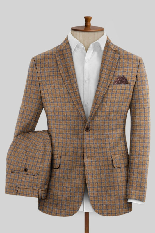 Fashion Yellow Plaid Notched Lapel Business Men Suits