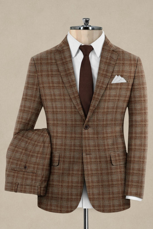 Brown Chic Newest Plaid Notched Lapel Business Men Suits