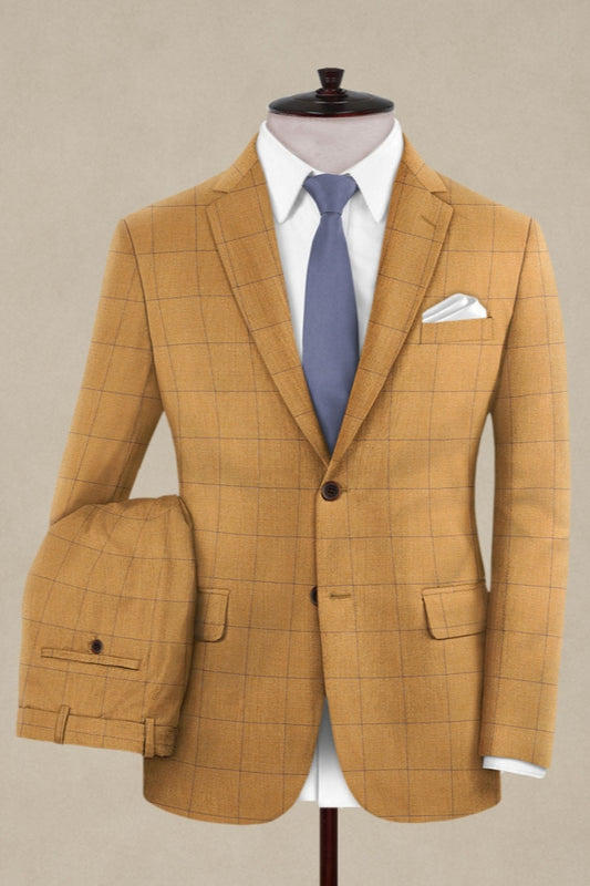 Modern Tan Stylish Plaid Notched Lapel Business Men Suits
