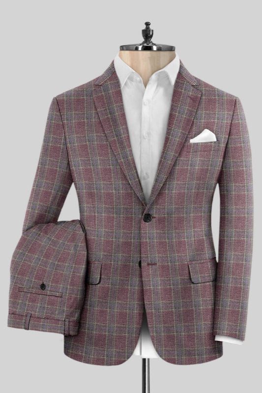 Handsome Burgundy Plaid Notched Lapel Business Men Suits