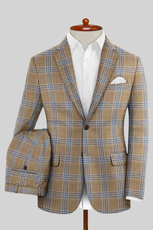 Popular Khaki Plaid Notched Lapel Business Men Suits