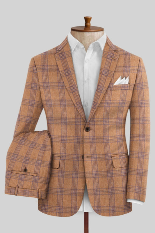 Fashion Light Camel Plaid Notched Lapel Business Men Suits