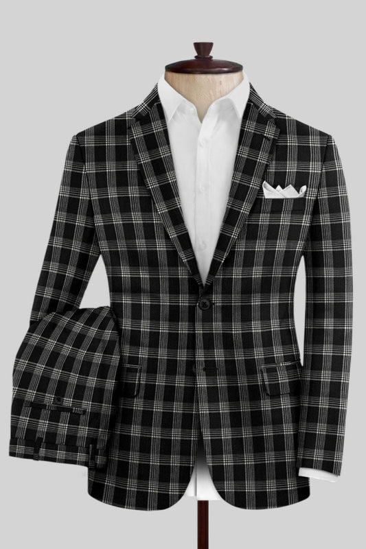 Formal Black Plaid Notched Lapel Business Men Suits