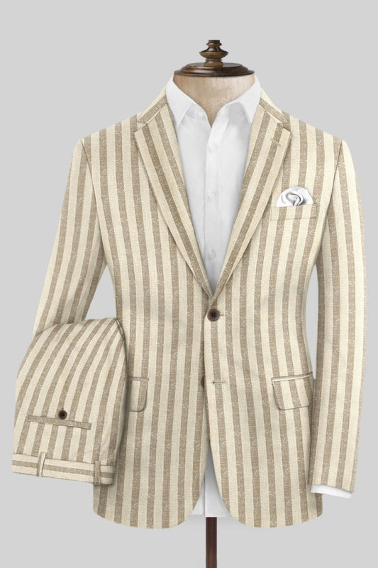 Stylish Beige Striped Notched Lapel Business Men Suits