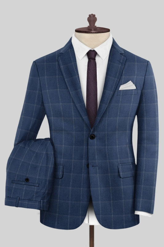 Close Fitting Blue Plaid Notched Lapel Business Suits