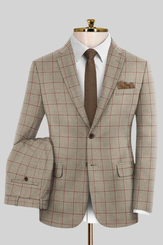 New Arrival Pale Taupe Plaid Notched Lapel Business Suits