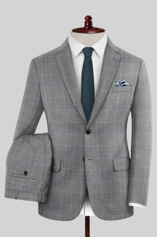 Gray Slim Fit Plaid Notched Lapel Business Suits