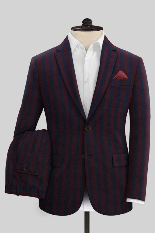 Stylish Burgundy Striped Notched Lapel Business Suits