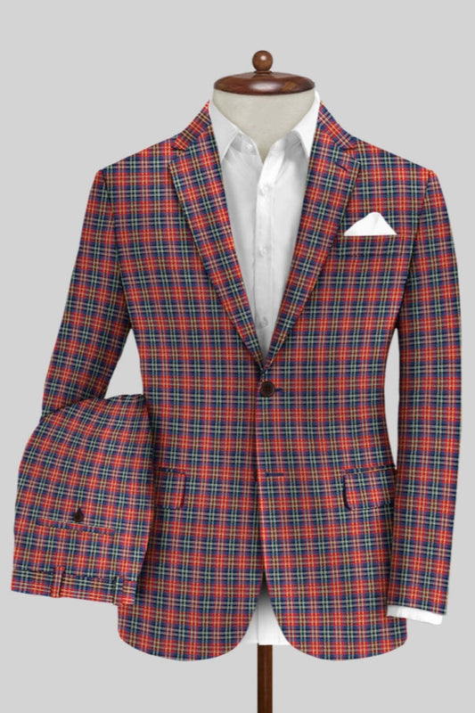 Fashion Red Plaid Notched Lapel Wool Business Men Suits