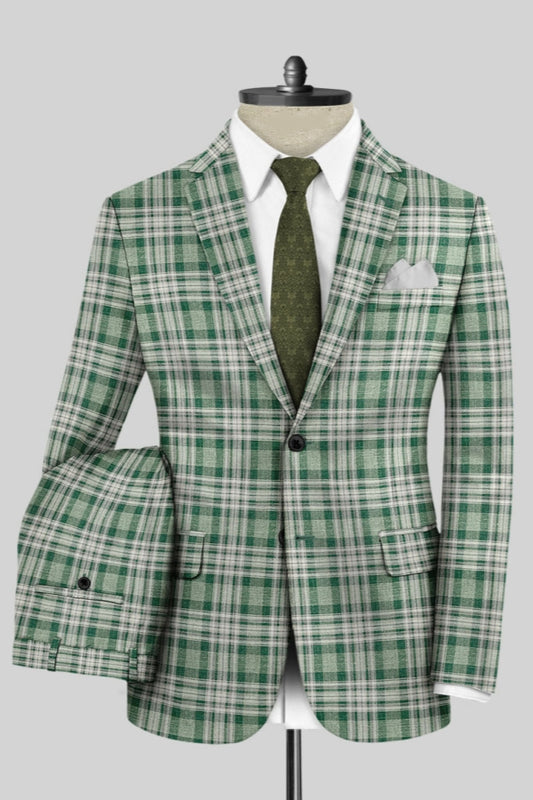 Newest Green Plaid Notched Lapel Wool Business Men Suits