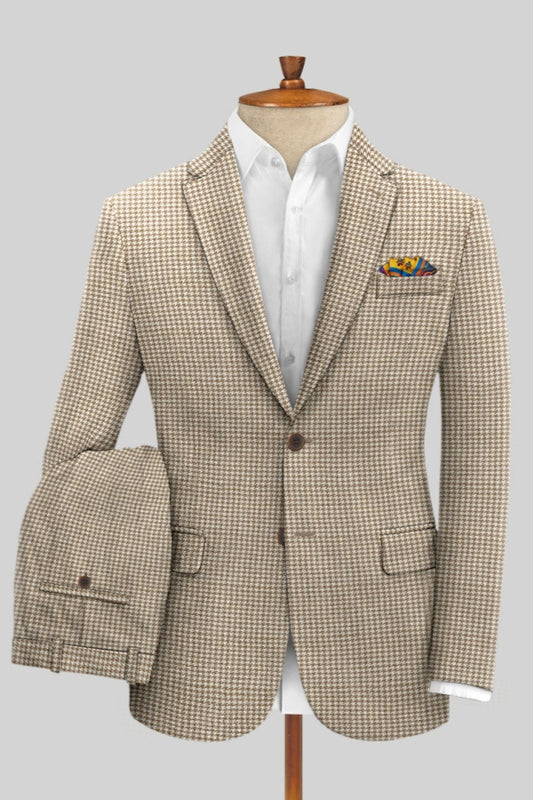 Stylish Beige Houndstooth Notched Lapel Wool Business Men Suits