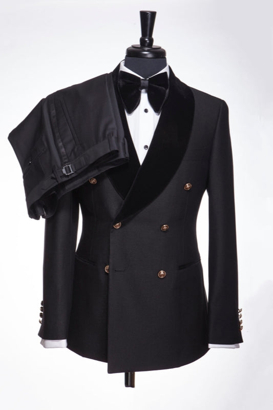 Gentle Black Wool Double Breasted Wedding Suits With Velvet Shawl Lapel