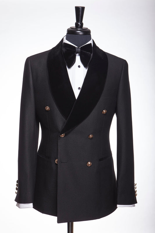 Gentle Black Wool Double Breasted Wedding Suits With Velvet Shawl Lapel