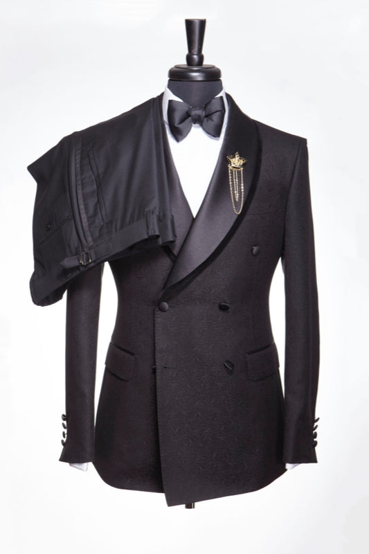 Trendy Black Jacquard Double Breasted Shawl Lapel Wedding Suits