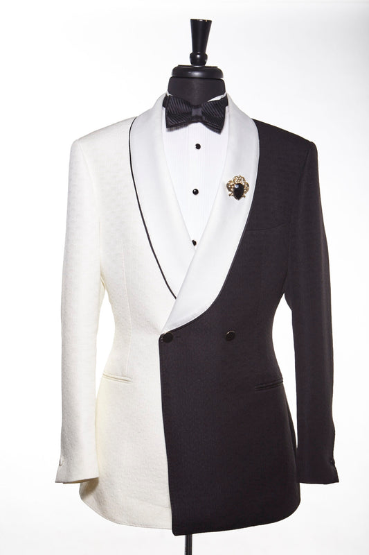 Bespoke Black And White Jacquard Double Breasted Shawl Lapel Wedding Suits