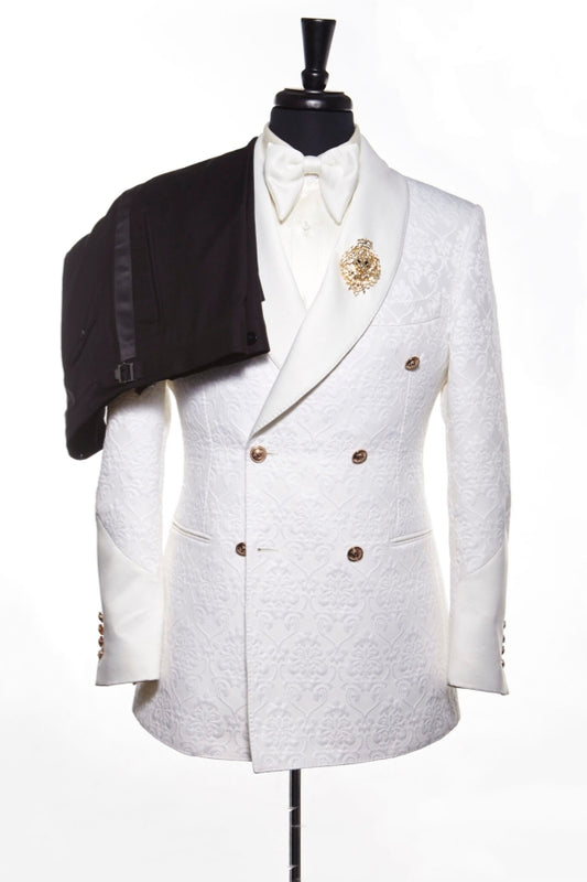 Trendy White Jacquard Double Breasted Shawl Lapel Wedding Suits