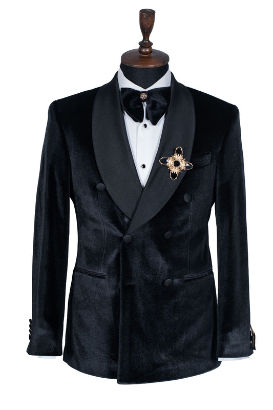 Fashion Black Velvet Double Breasted Shawl Lapel Wedding Suits