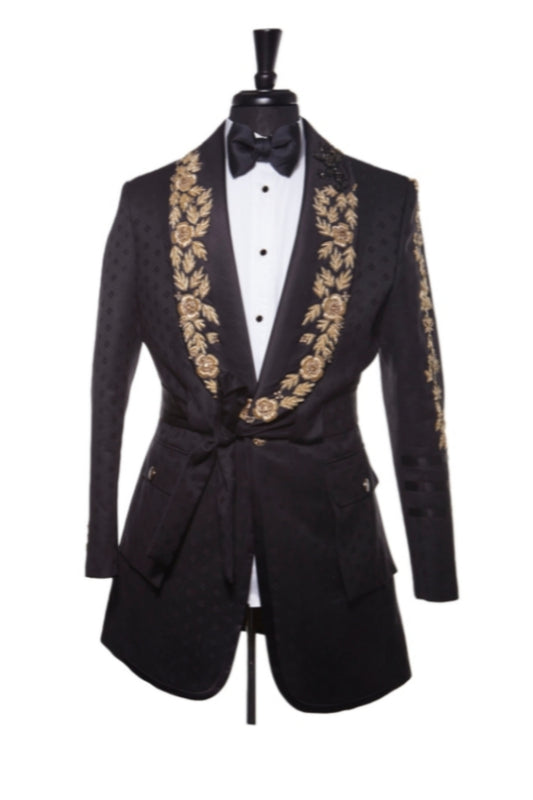 Black Jacquard Golden Embroidered Shawl Lapel Wedding Suits With Belt