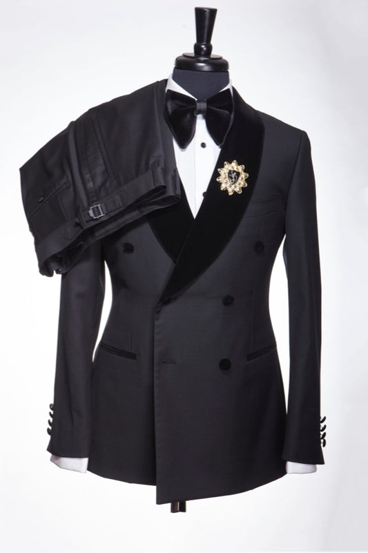 Bespoke Black Double Breasted Velvet Shawl Lapel Wool Wedding Suits