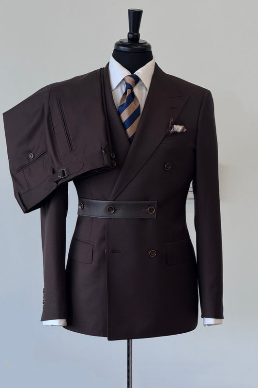 Chic Coffee Brown Double Breasted Peaked Lapel Wool Prom Suits
