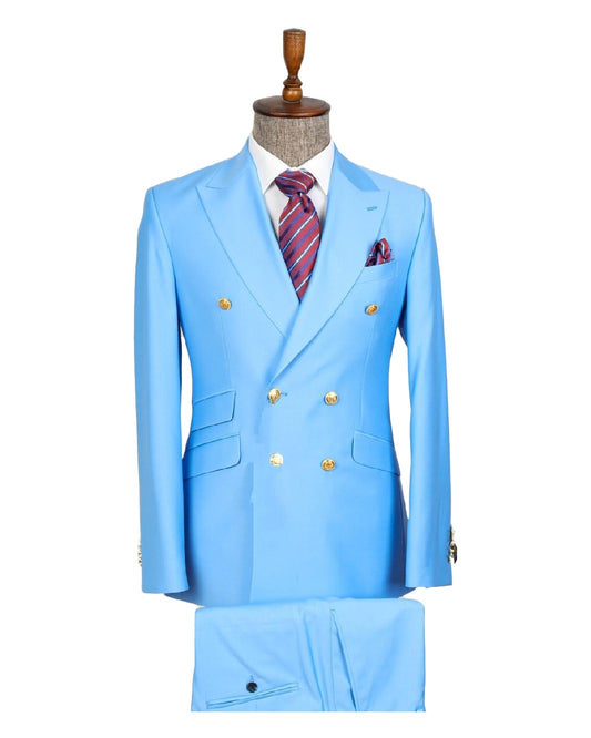 Modern Sky Blue Wool Double Breasted Peaked Lapel Prom Suits