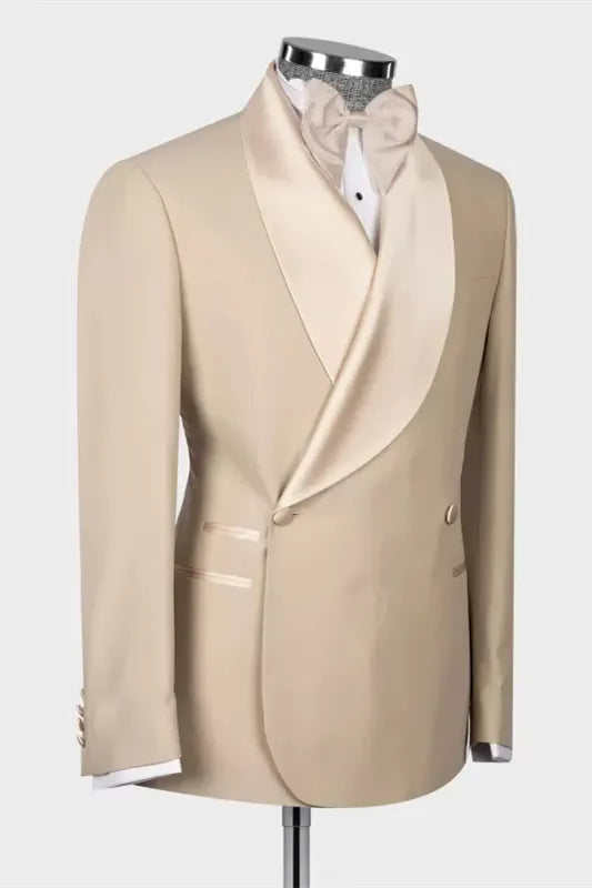 Chic Khaki Shawl Lapel Double Breasted Wool Wedding Suits