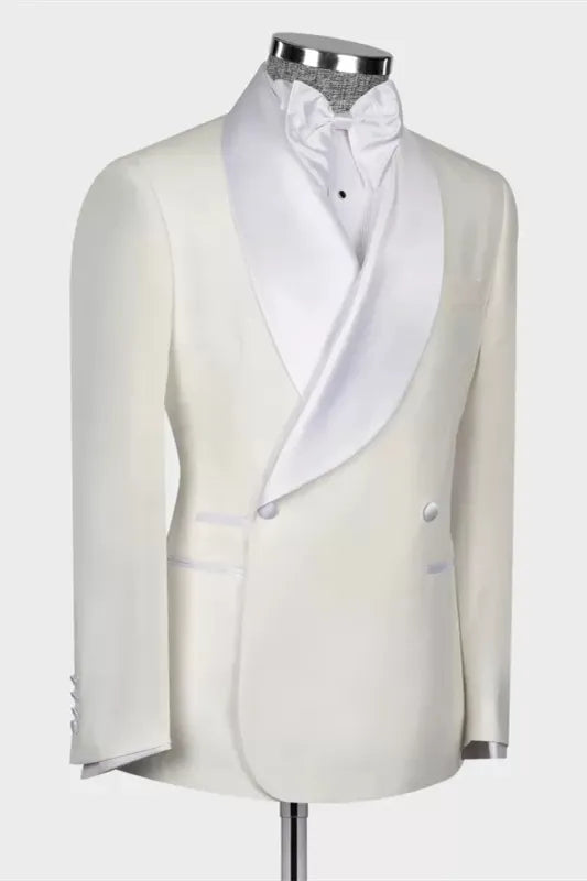 Modern White Shawl Lapel Double Breasted Wool Wedding Suits