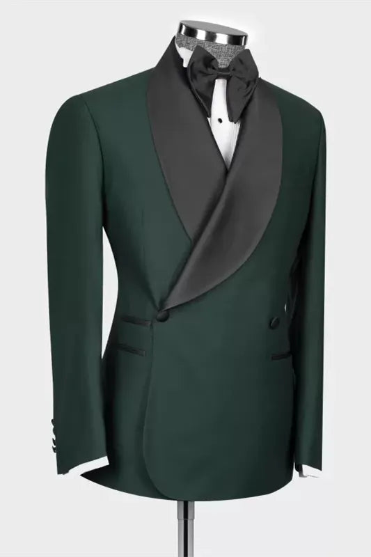 Gentle Dark Green Shawl Lapel Double Breasted Wool Wedding Suits