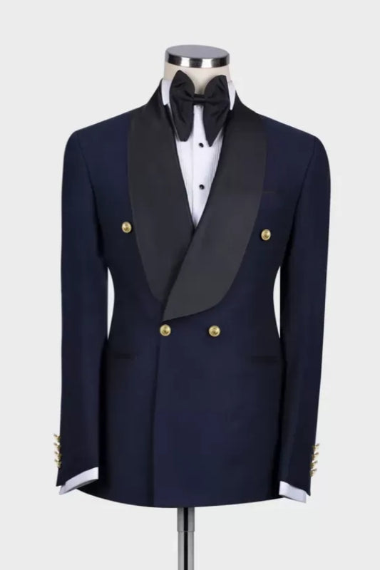 Newest Bespoke Dark Navy Double Breasted Shawl Lapel Wool Wedding Suits