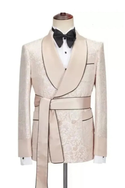 Champagne Jacquard Double Breasted Shawl Lapel Wedding Suits With Belt