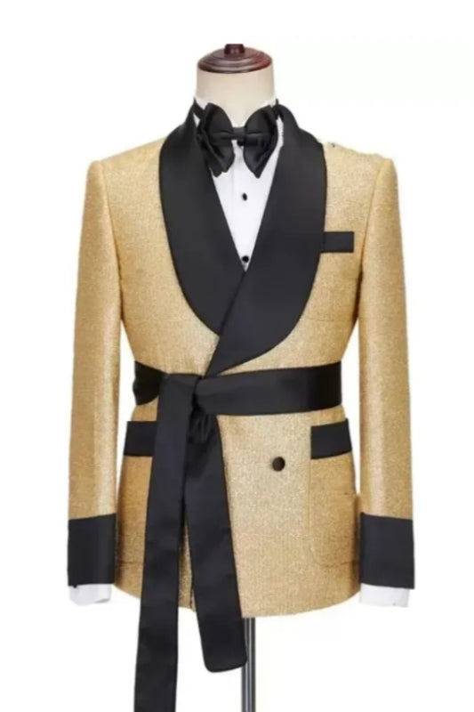 Fashion Gold Sequined Double Breasted Shawl Lapel Wedding Suits With Belt