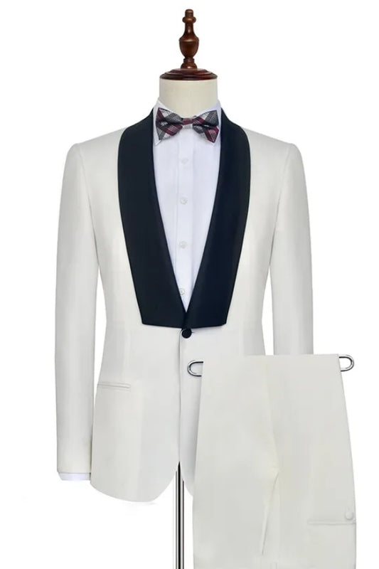 Modern White Shawl Lapel Close Fitting Wool Wedding Suits