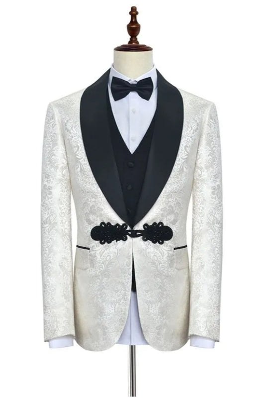 White Jacquard Knitted Button 3 Pieces Shawl Lapel Wedding Suits