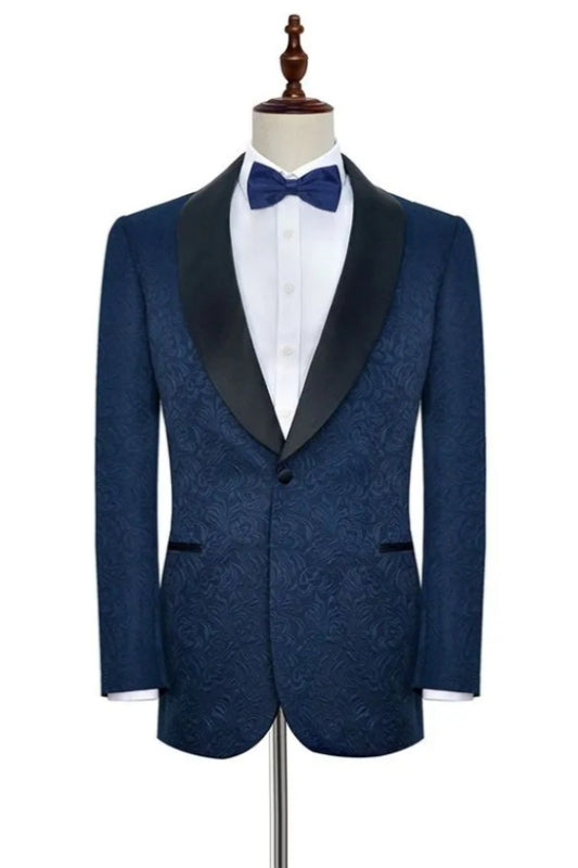 Bespoke Navy Blue Jacquard Black Shawl Lapel Stylish Wedding Suits