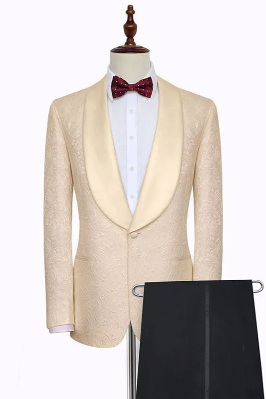 Glamorous Champagne Shawl Lapel Jacquard Chic Wedding Suits