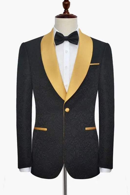 One Button Black Jacquard Shawl Lapel Wedding Suits