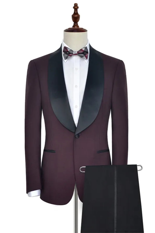 Trendy Burgundy Wool Black Shawl Lapel Wedding Men Suits