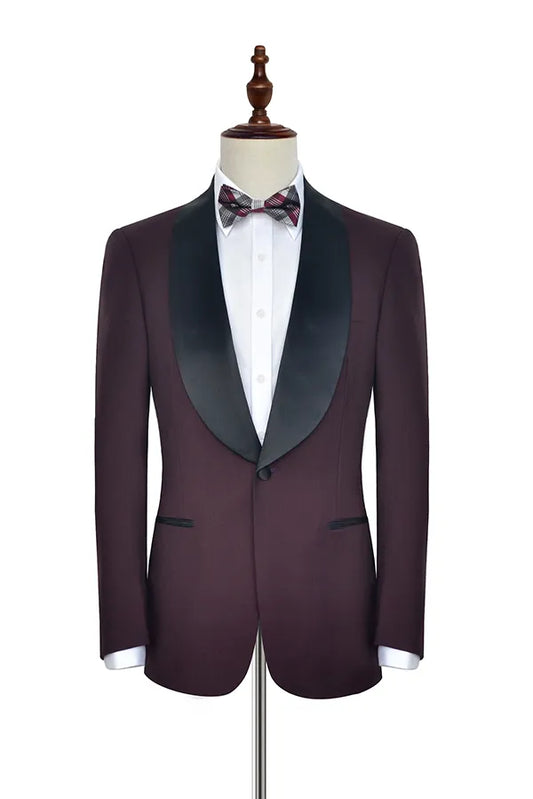 Trendy Burgundy Wool Black Shawl Lapel Wedding Men Suits