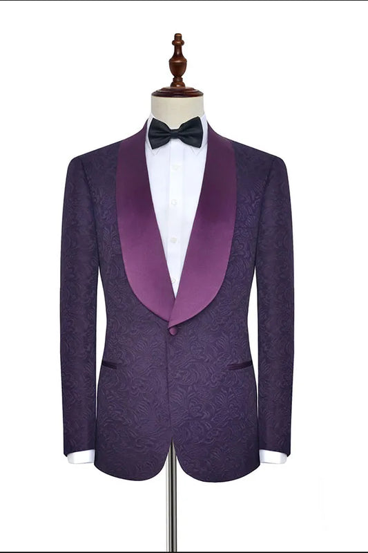 Best Fitted Purple Jacquard Shawl Lapel Wedding Men Suits