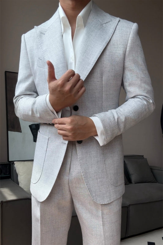 Light Gray Newest Peaked Lapel Wool Prom Men Suits