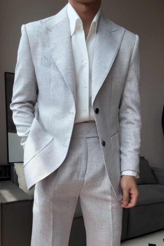 Light Gray Newest Peaked Lapel Wool Prom Men Suits