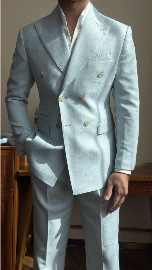 Chic Light Blue Double Breasted Peaked Lapel Wool Prom Men Suits