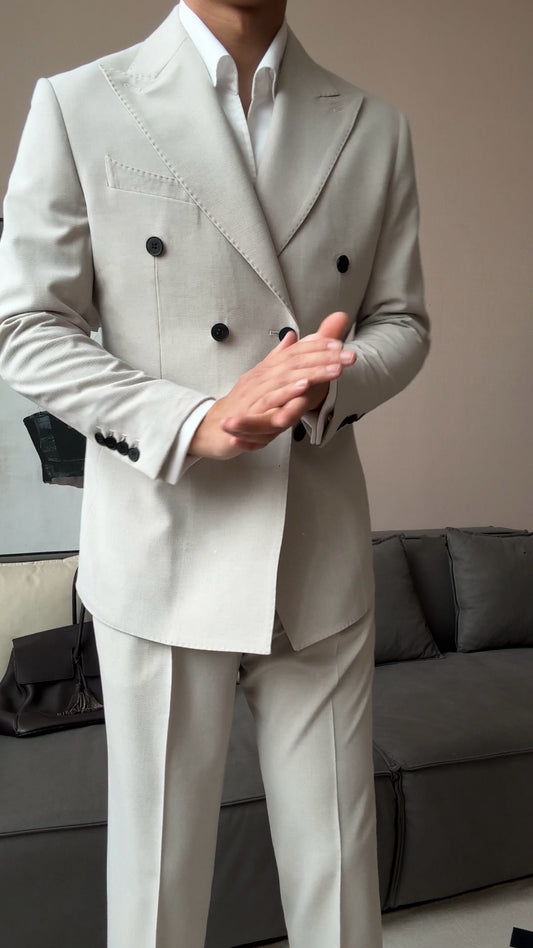 Trendy Beige Newest Peaked Lapel Double Breasted Wool Prom Men Suits