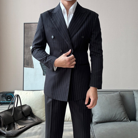 Handsome Black Pinstriped Peaked Lapel Double Breasted Wool Prom Suits