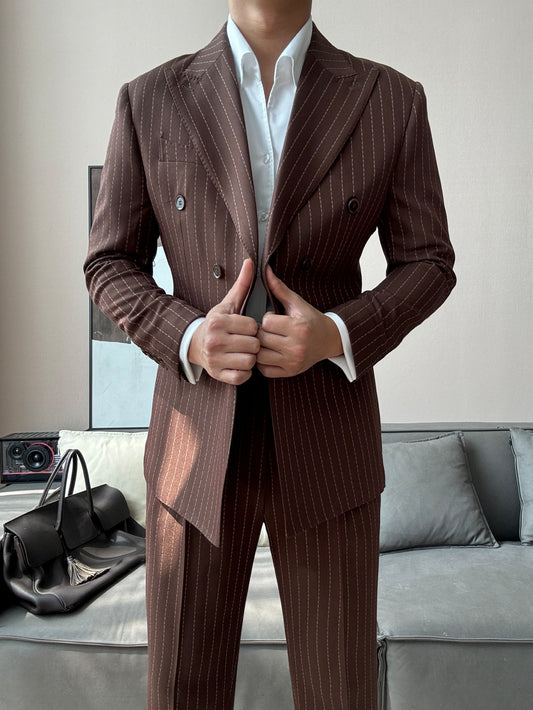 Fancy Brown Pinstriped Peaked Lapel Double Breasted Wool Prom Suits