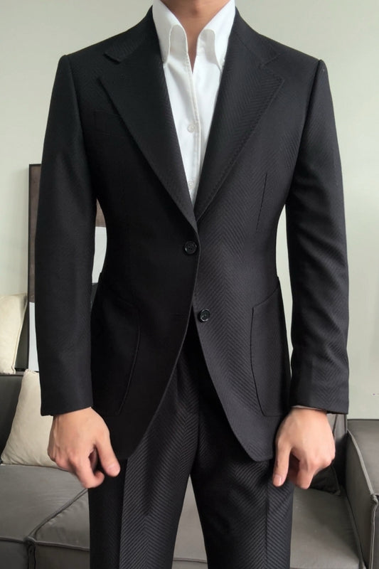 Chic Black Herringbone Notched Lapel Wool Prom Suits