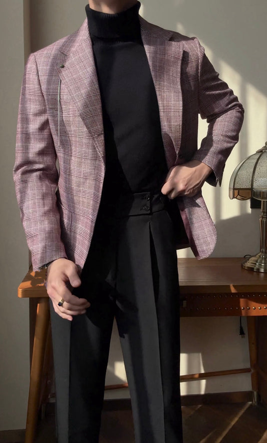 Purple Plaid Notched Lapel Wool Prom Suits With Black Pants