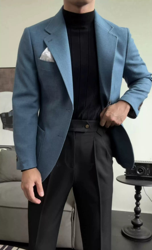 Beautiful Blue Notched Lapel Wool Prom Suits With Black Pants